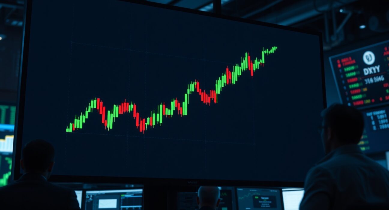 Digital display showing US Dollar Index chart trending upward on a trading floor.