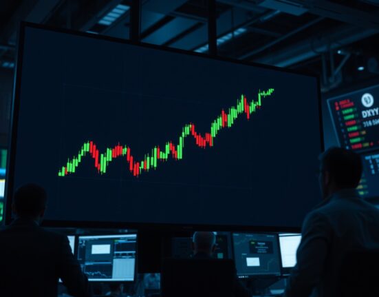 Digital display showing US Dollar Index chart trending upward on a trading floor.