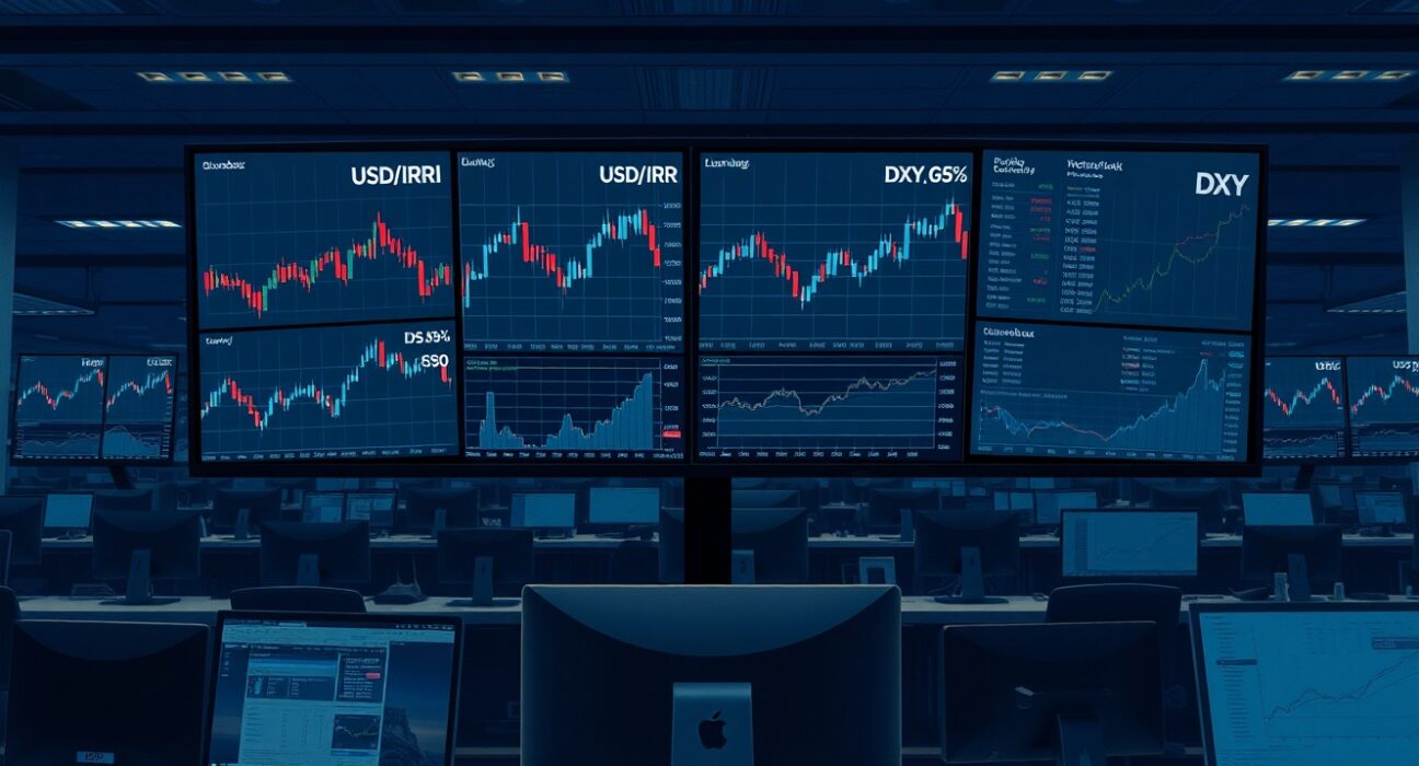 Financial trading terminal displaying US dollar exchange rates amid Iran conflict and Federal Reserve uncertainty