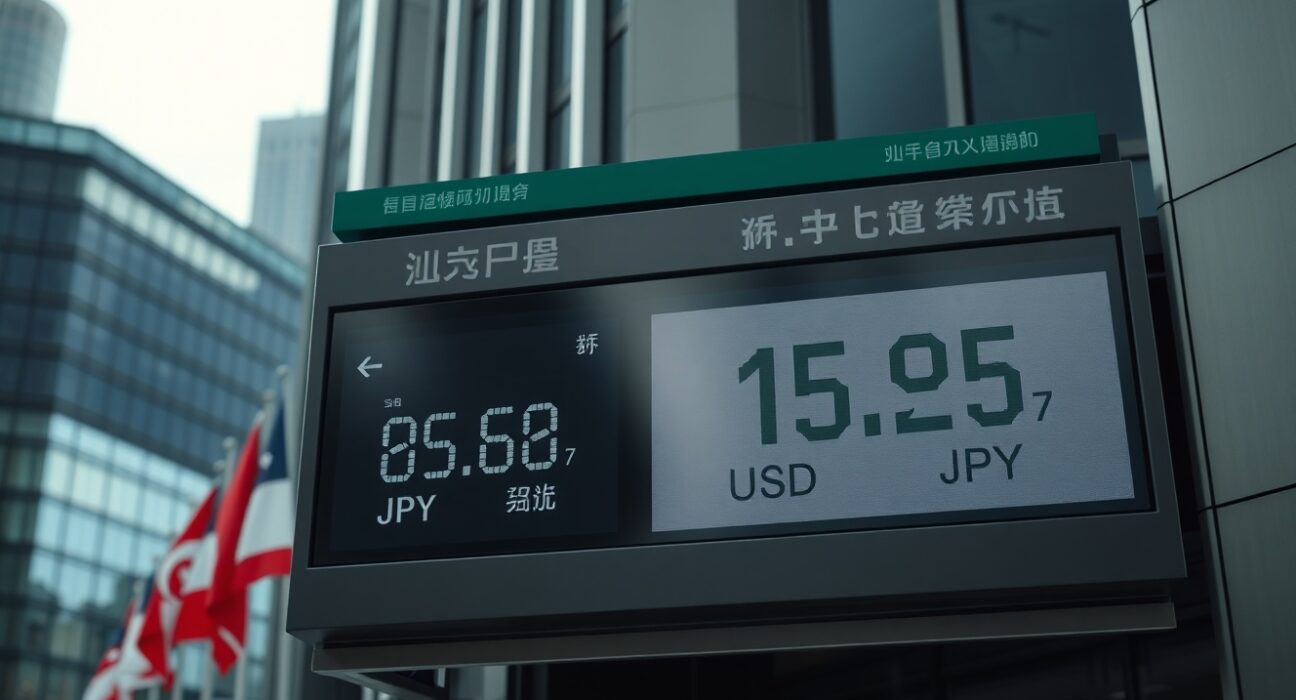 Currency exchange board showing USD/JPY rates in a financial district