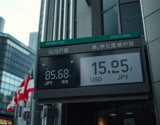 Currency exchange board showing USD/JPY rates in a financial district