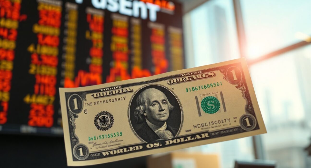 U.S. dollar banknote with exchange board in background, representing currency market movements.