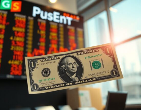 U.S. dollar banknote with exchange board in background, representing currency market movements.