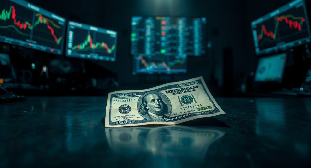 US dollar banknote with a shadow of a downward arrow, representing the currency's recent decline.