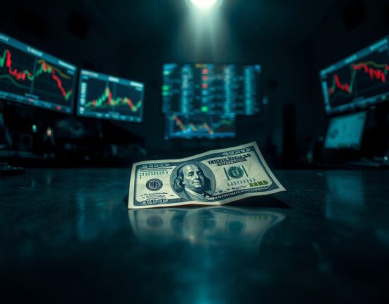 US dollar banknote with a shadow of a downward arrow, representing the currency's recent decline.