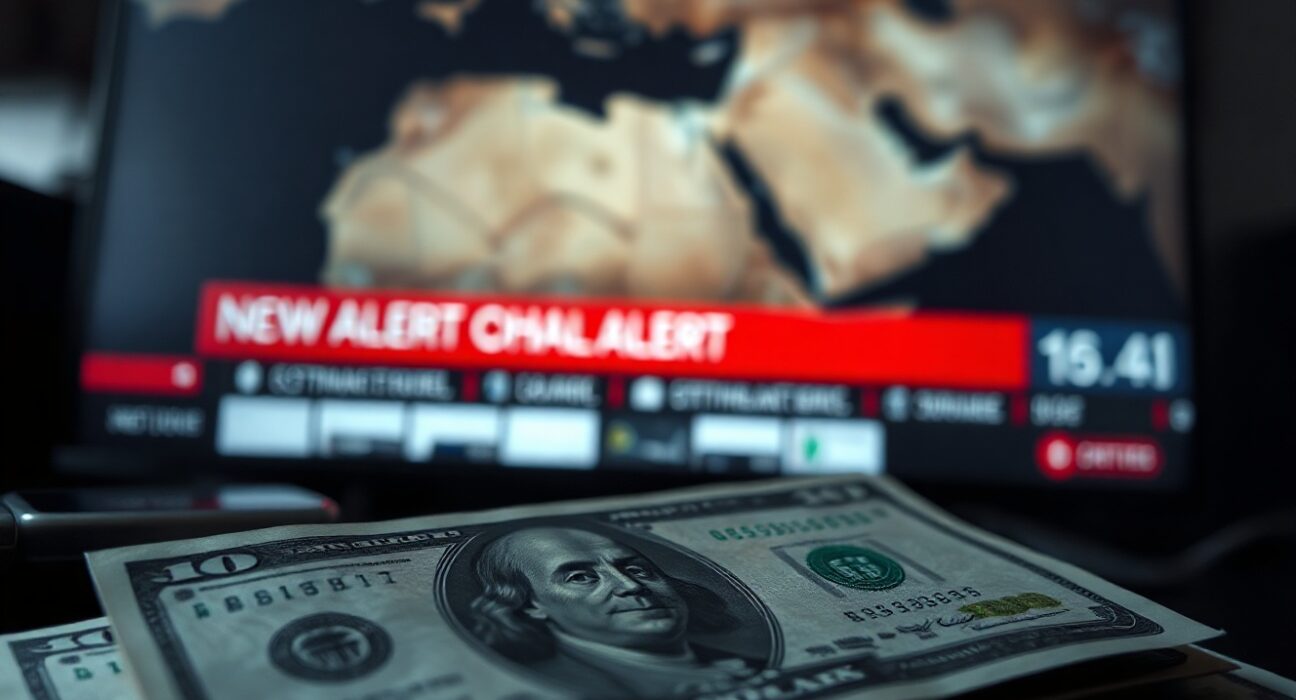 Close-up of US dollar bills with a blurred news screen showing a map of the Middle East.