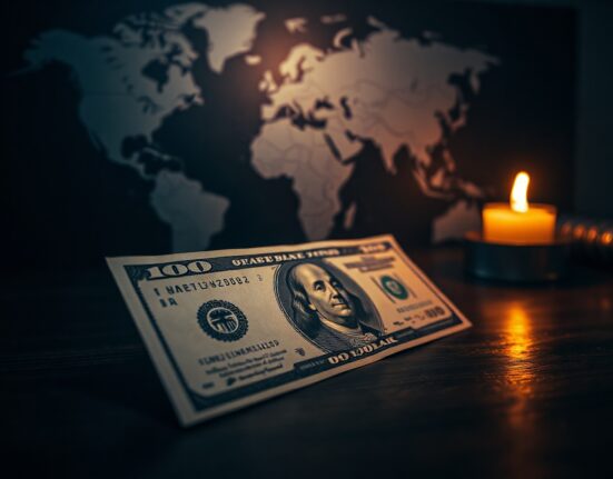 US dollar banknote on a desk with a world map and dim lighting suggesting geopolitical uncertainty.