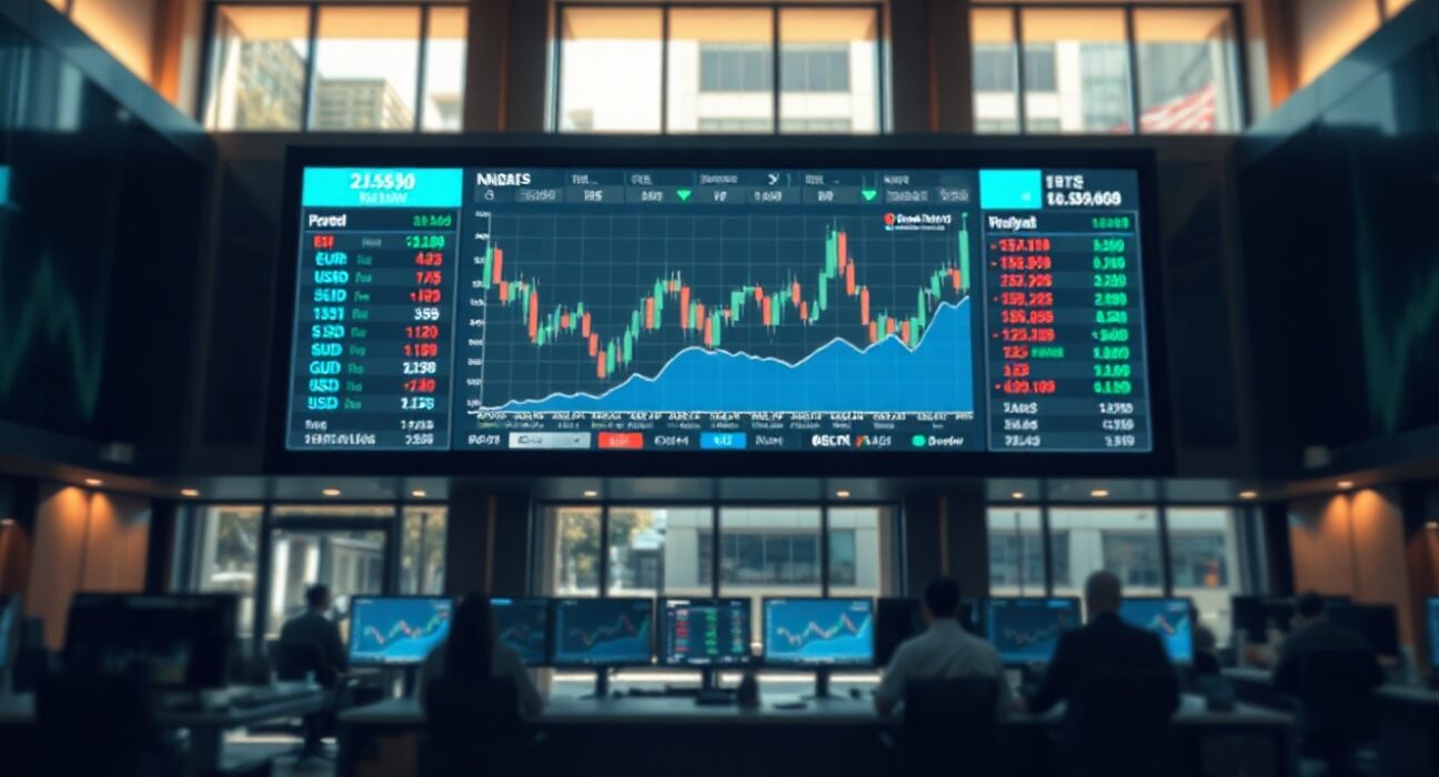 Trading screen showing currency charts and dollar index in a financial trading floor