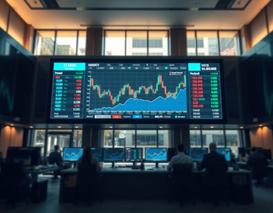 Trading screen showing currency charts and dollar index in a financial trading floor