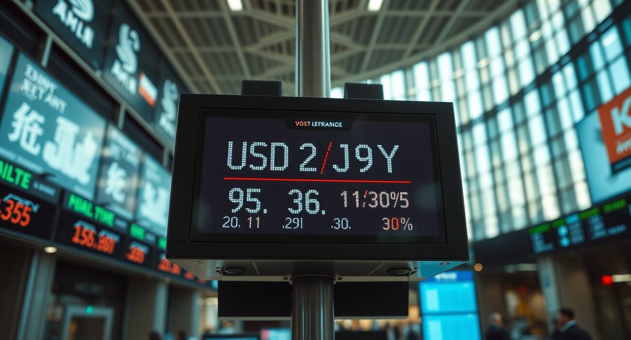 Electronic currency exchange board showing USD/JPY rates in a financial district