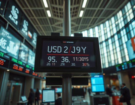 Electronic currency exchange board showing USD/JPY rates in a financial district