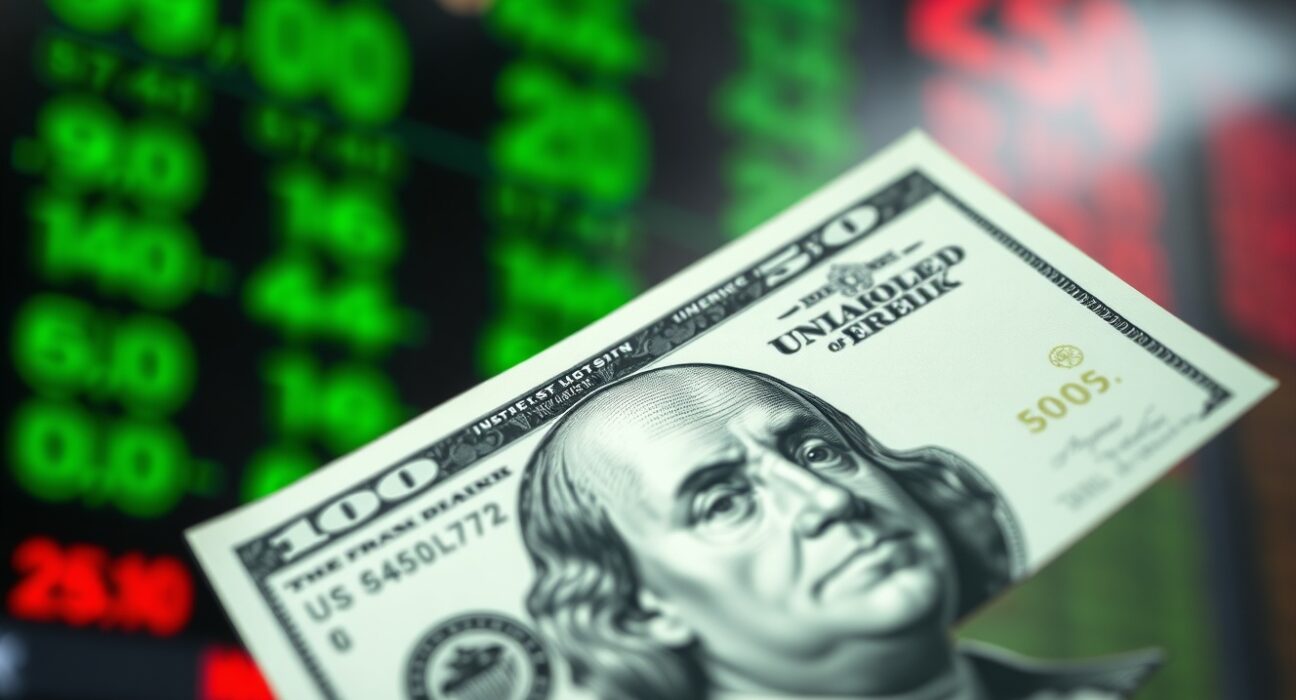 Close-up of a US dollar bill with blurred stock market screen in background representing currency and interest rate dynamics.