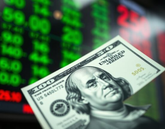 Close-up of a US dollar bill with blurred stock market screen in background representing currency and interest rate dynamics.