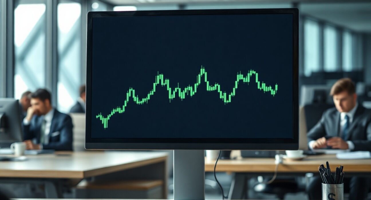 Professional forex trading desk with muted dollar chart on monitor