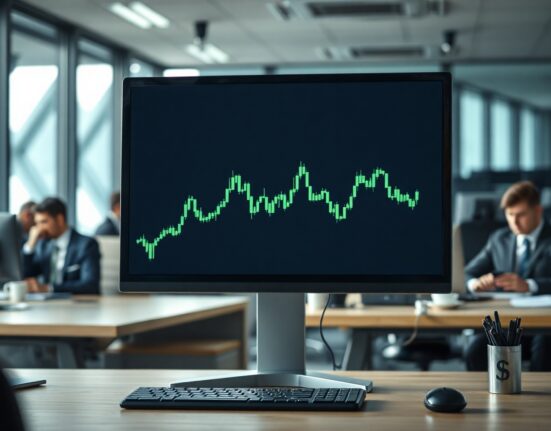 Professional forex trading desk with muted dollar chart on monitor