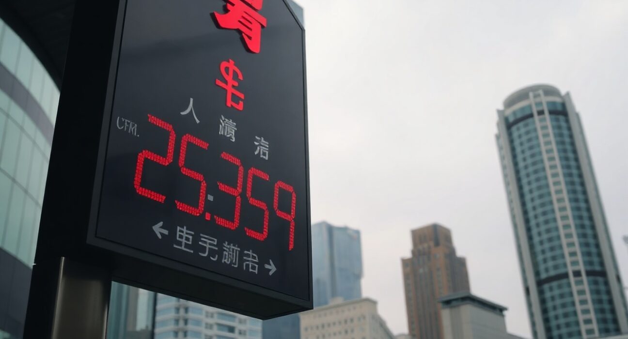 US dollar exchange rate board in an Asian financial district under overcast sky