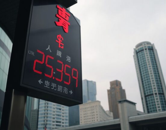 US dollar exchange rate board in an Asian financial district under overcast sky