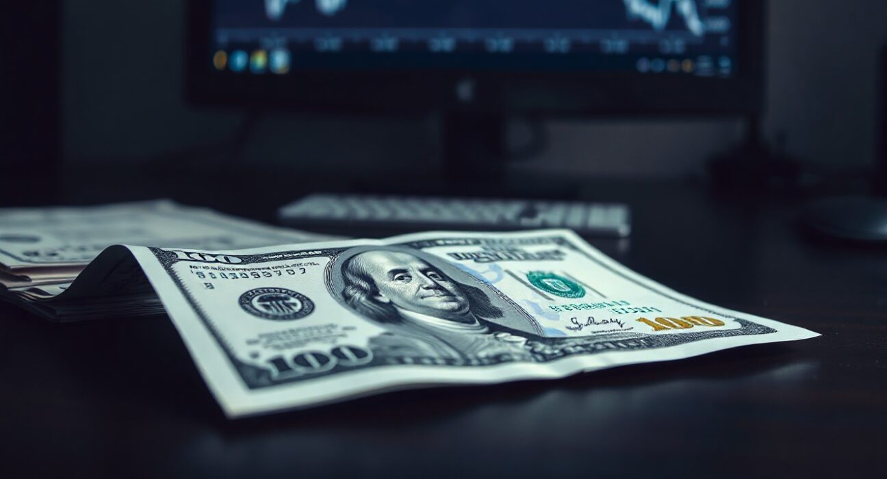 Close-up of a US dollar bill on a desk with a financial chart in the background, representing forex market strength.