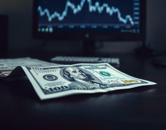 Close-up of a US dollar bill on a desk with a financial chart in the background, representing forex market strength.