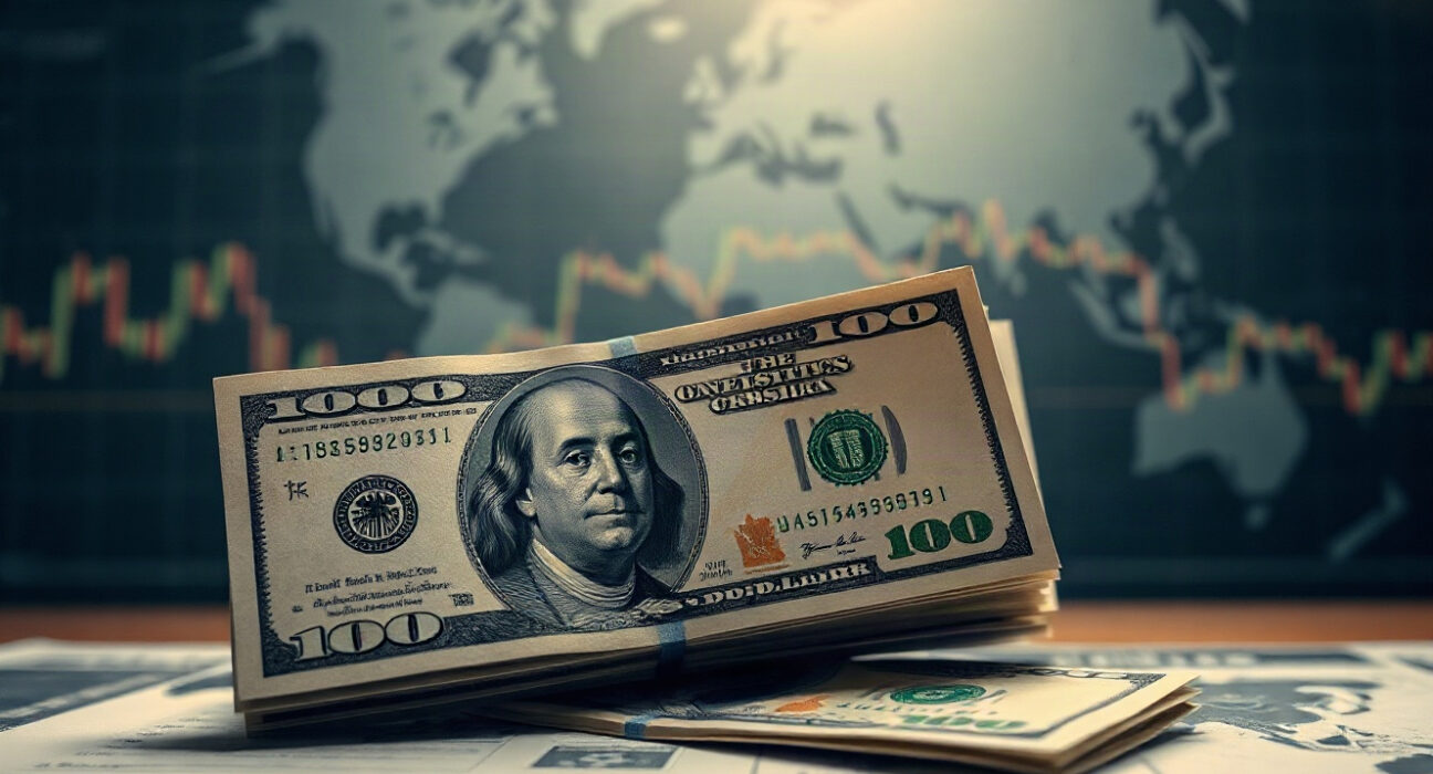 U.S. dollar banknotes with a world map and financial charts in the background, symbolizing currency markets and geopolitical risks.