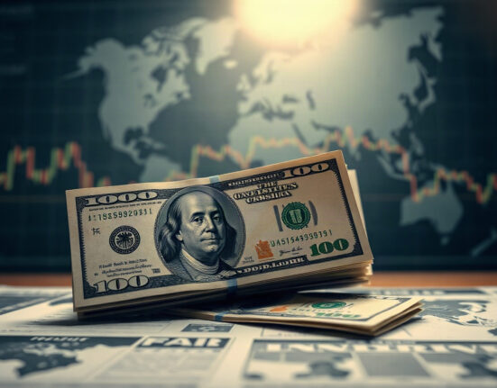 U.S. dollar banknotes with a world map and financial charts in the background, symbolizing currency markets and geopolitical risks.