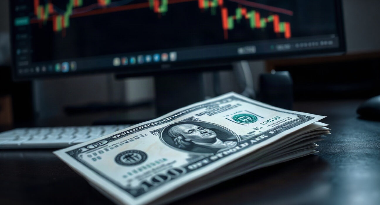 US dollar bills and a computer monitor showing a downward chart, representing the dollar's recent decline.