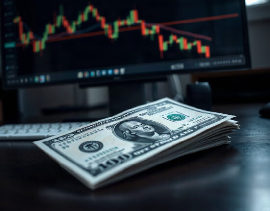 US dollar bills and a computer monitor showing a downward chart, representing the dollar's recent decline.