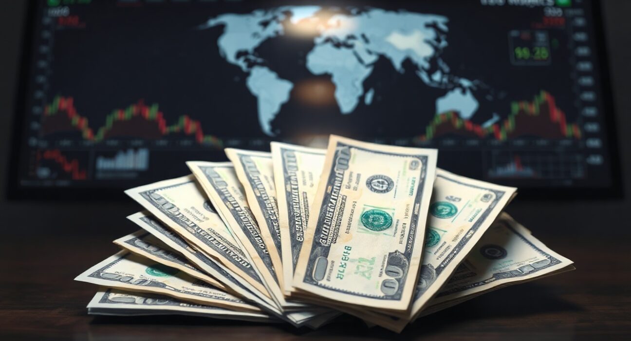 Close-up of US dollar bills on a desk with a blurred financial monitor in the background.