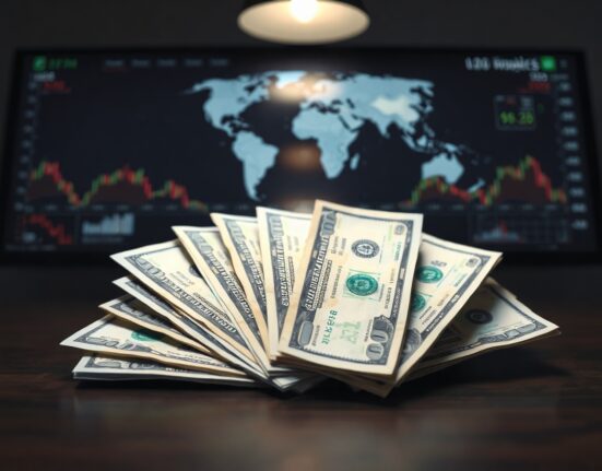 Close-up of US dollar bills on a desk with a blurred financial monitor in the background.