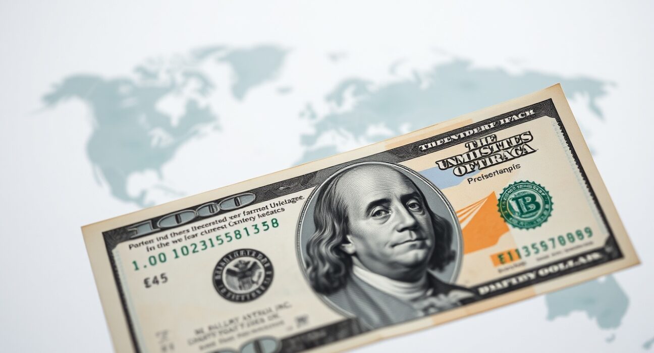 US dollar banknote in focus with blurred world map background, representing safe-haven demand amid geopolitical uncertainty.