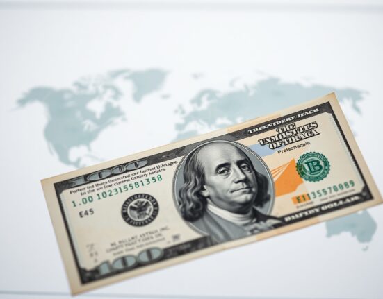 US dollar banknote with blurred world map background representing safe-haven demand amid geopolitical tensions.