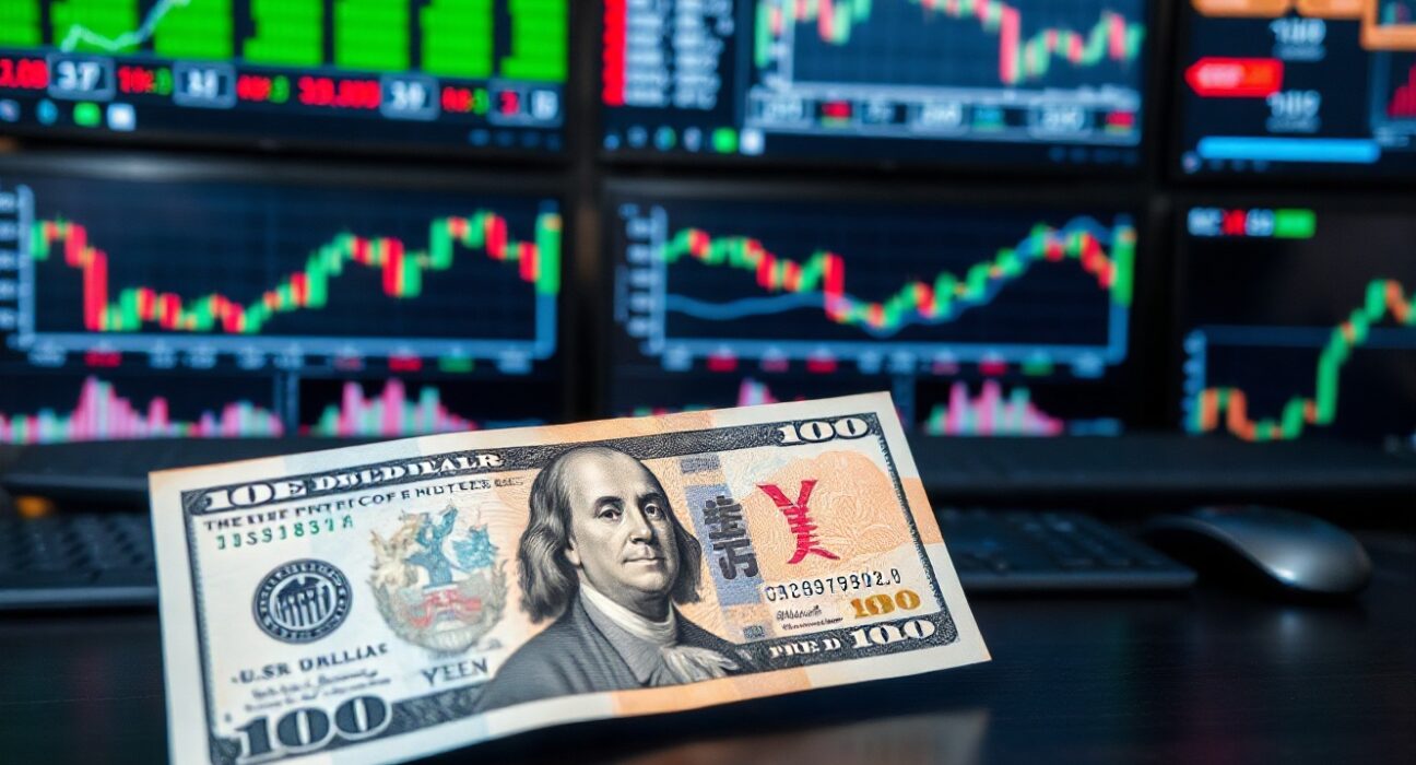 U.S. dollar and Japanese yen banknotes on a desk with financial charts in background