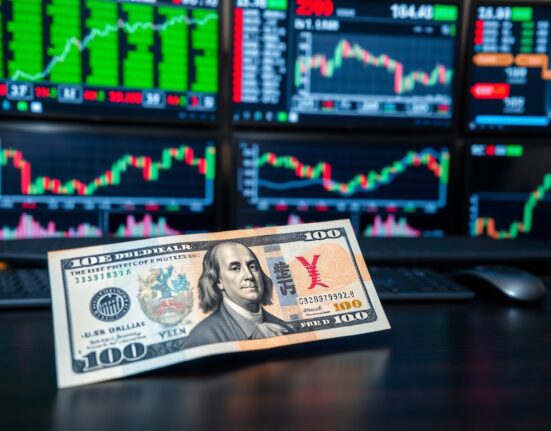 U.S. dollar and Japanese yen banknotes on a desk with financial charts in background