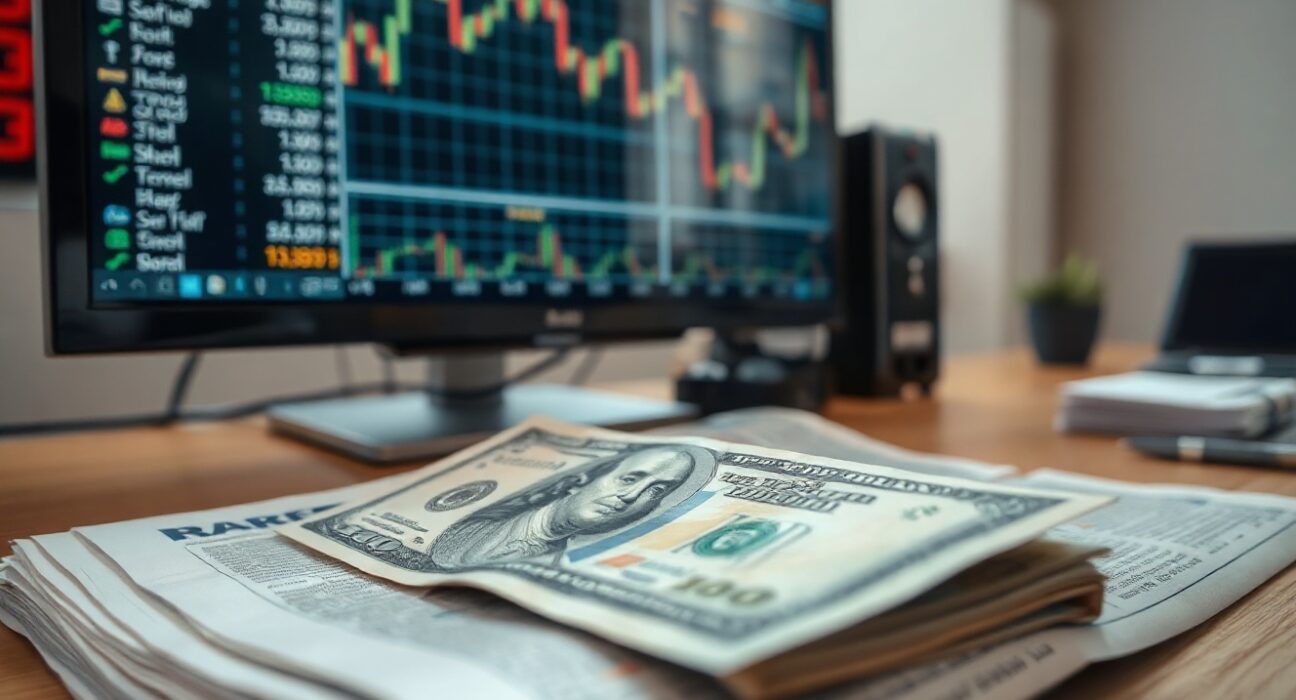 U.S. dollar banknote on financial newspaper with stock chart in background