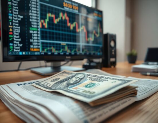 U.S. dollar banknote on financial newspaper with stock chart in background