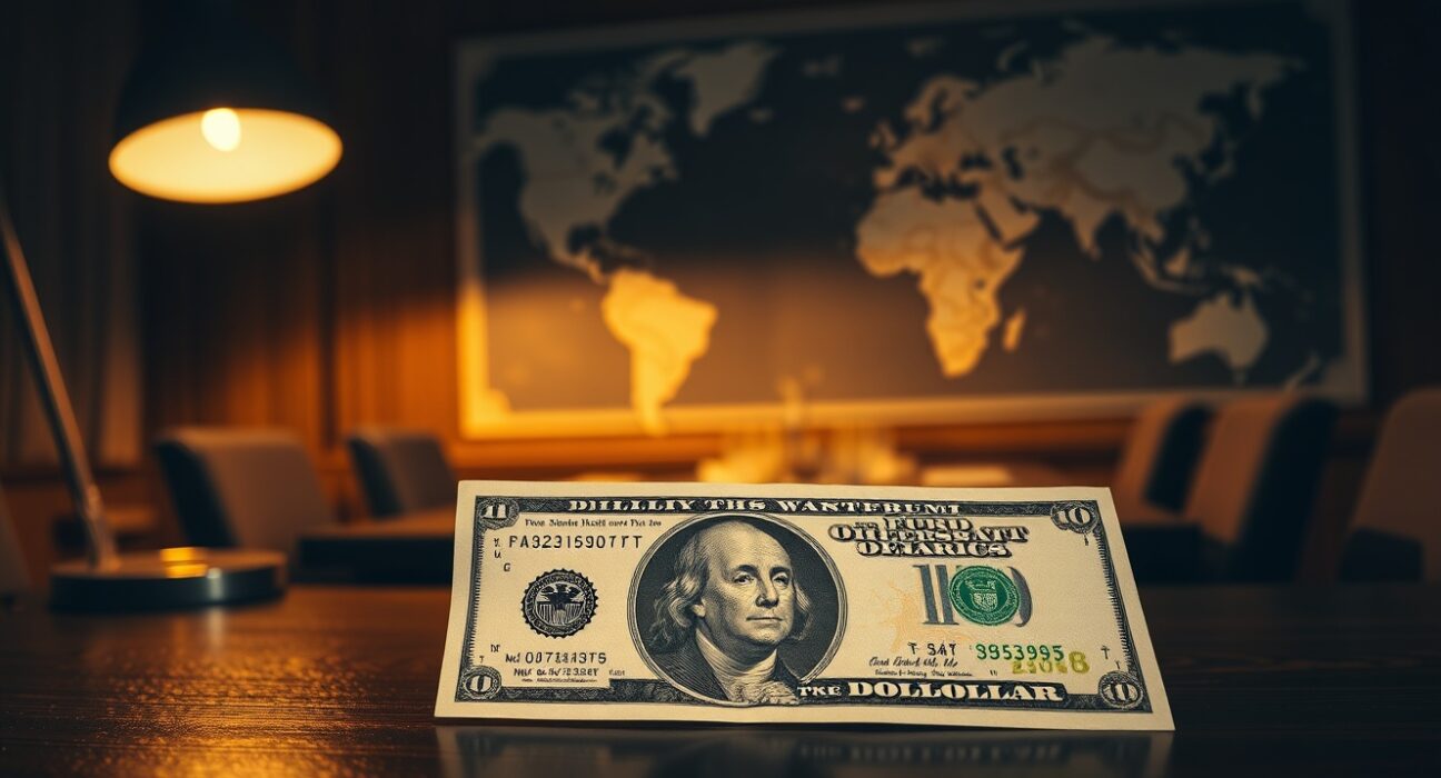 US dollar banknote on a desk with a globe in the background, symbolizing global currency markets and geopolitical factors.