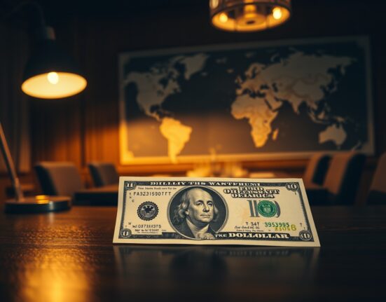 US dollar banknote on a desk with a globe in the background, symbolizing global currency markets and geopolitical factors.