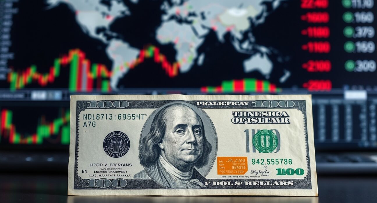 Close-up of a US dollar bill with blurred financial charts in the background, representing currency market volatility.