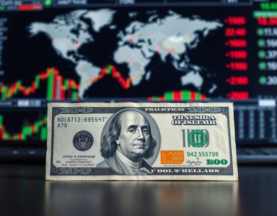 Close-up of a US dollar bill with blurred financial charts in the background, representing currency market volatility.