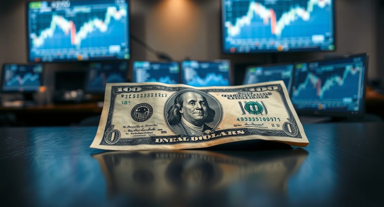 US dollar bill on desk with trading screen in background, representing currency market stability.