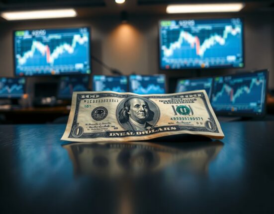 US dollar bill on desk with trading screen in background, representing currency market stability.