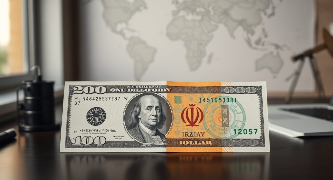 US dollar and Iranian rial banknotes on a desk with a world map and oil barrel in the background