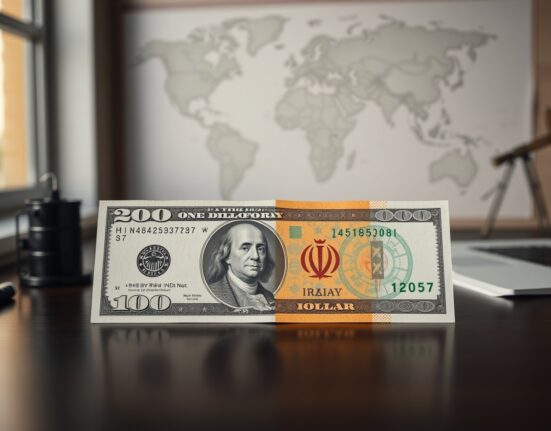 US dollar and Iranian rial banknotes on a desk with a world map and oil barrel in the background