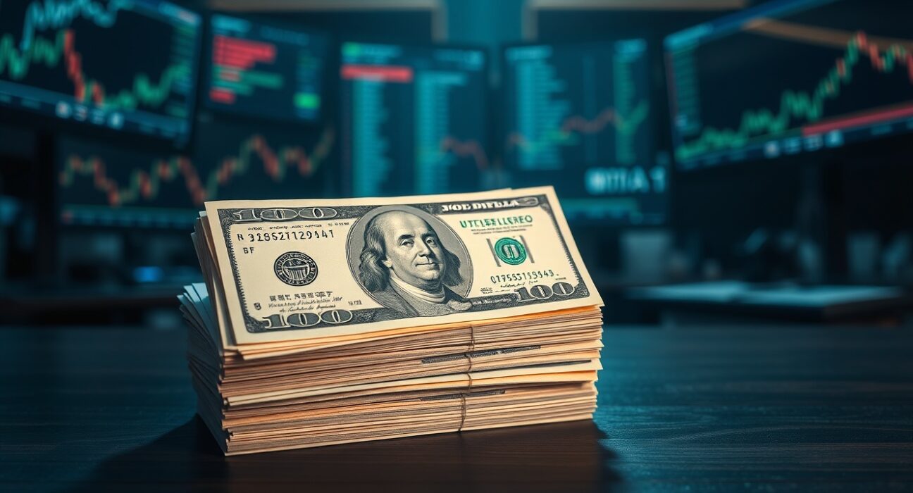 Stack of US dollar bills on a desk with a blurred background of financial monitors