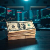 Stack of US dollar bills on a desk with a blurred background of financial monitors