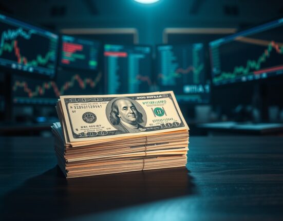 Stack of US dollar bills on a desk with a blurred background of financial monitors