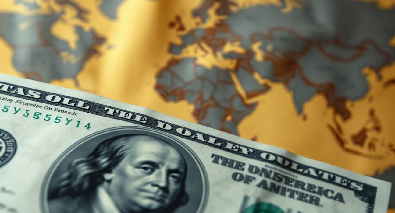Close-up of a US dollar bill with a blurred world map background, representing safe-haven demand amid geopolitical tensions.