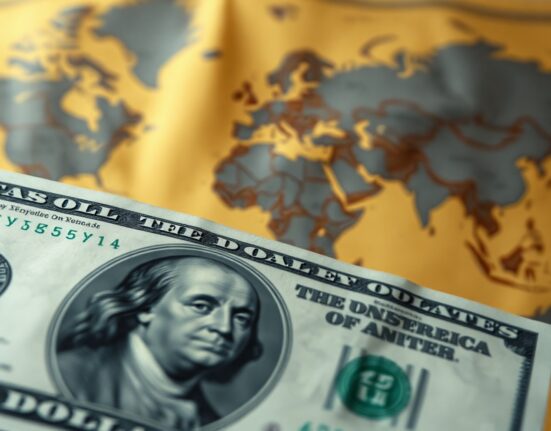 Close-up of a US dollar bill with a blurred world map background, representing safe-haven demand amid geopolitical tensions.