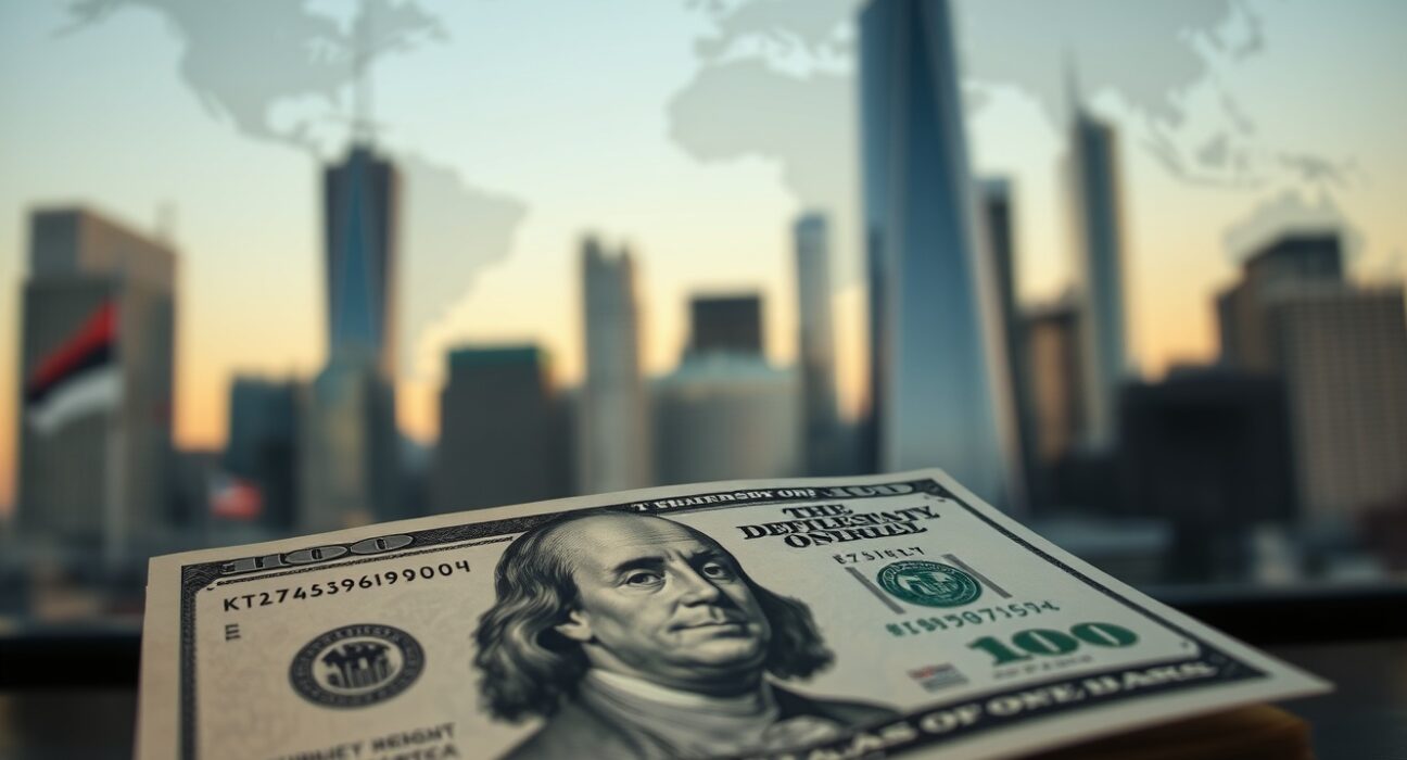 US dollar banknote in focus with blurred financial district skyline background