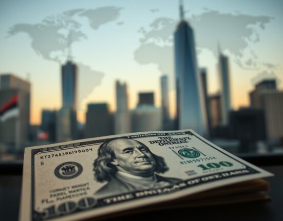 US dollar banknote in focus with blurred financial district skyline background